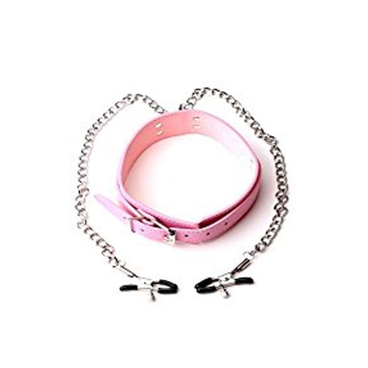 BDSM Collar & Metal Nipple Clamps - Pink