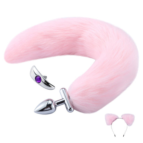 RY Deformable Cosplay Wild Fox Tail Butt Plug & Furry Ear Hair Band - Pink
