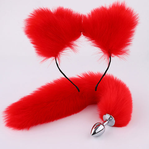 RY Cosplay Furry Fox Tail Anal Plug/Headband/Collar/Nipple Clamps Cosplay Kit - Red