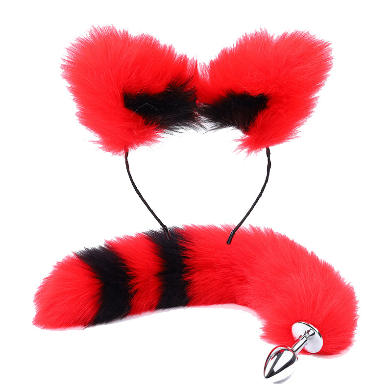 RY Cosplay Furry Fox Tail Anal Plug/Headband/Collar/Nipple Clamps Cosplay Kit - Red&Black