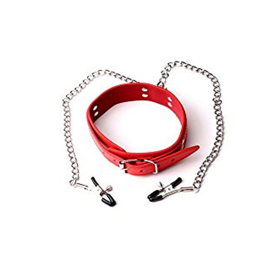 BDSM Red Collar with Metal Nipple Clamps - Bondage Restraint Set