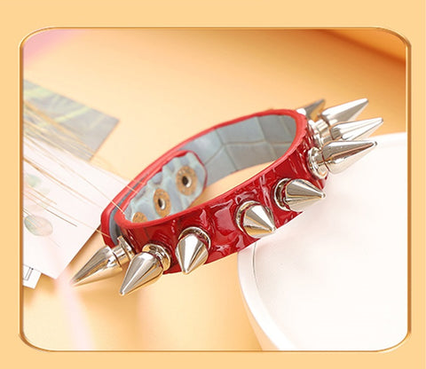 Real Leather BDSM Bondage Metal Thorn Bracelet - Red