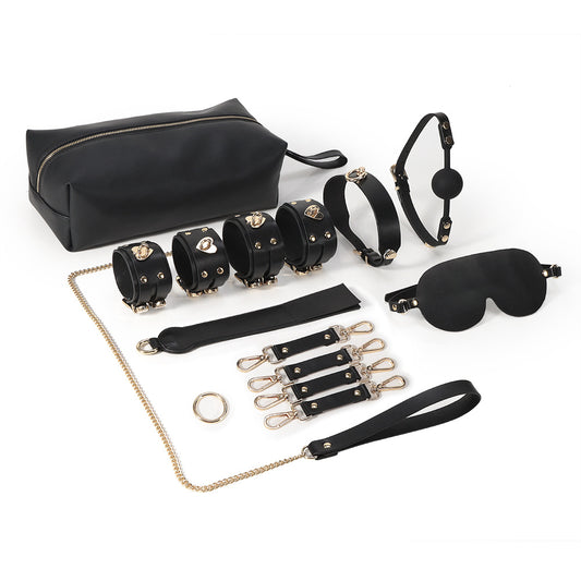 RY Premium Real Leather Bondage Kit With Bag - 8 Pce BDSM Set Black