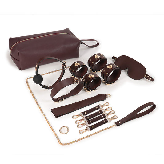 RY Premium Real Leather BondageKit With Bag - 8 Pce BDSM Set Brown