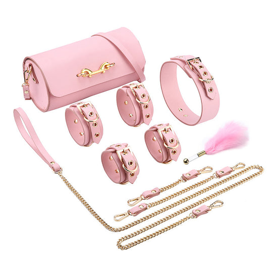 RY Premium Real Leather Bondage Kit with Bag - 6-Piece Pink Set