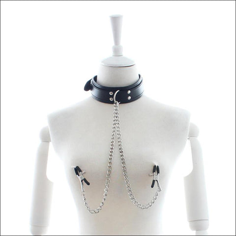 BDSM Collar & Metal Nipple Clamps - Black