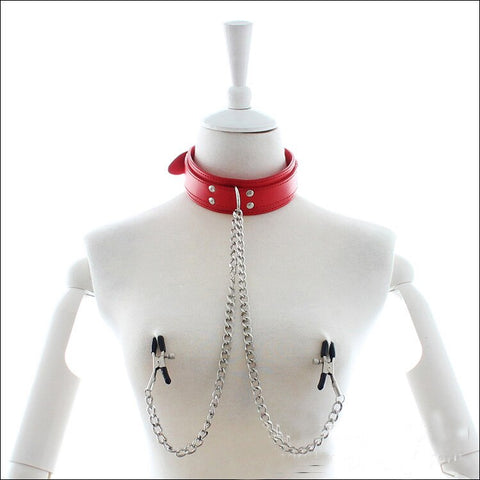 BDSM Collar & Metal Nipple Clamps - Red