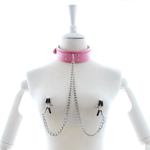 BDSM Collar & Metal Nipple Clamps - Pink