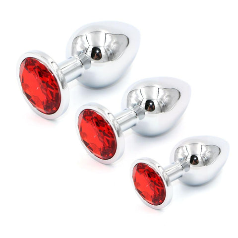 3pcs Round-Shaped Jewelled Stainless Steel Anal Plug Kit - Red