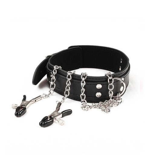 BDSM Collar & Metal Nipple Clamps - Black