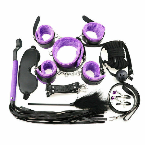 BDSM 11 pcs Beginners Fetish Bondage Kit - Purple&Black