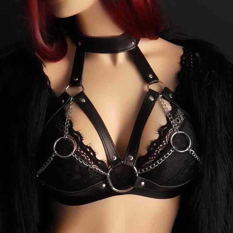 BDSM Breast Bondage with Neck Collar Fetish Body Harness - Black