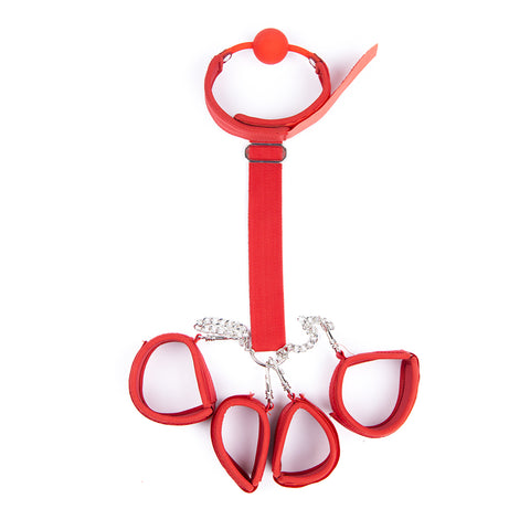 Soft Gag-to-Wrist and Ankle Cuffs Restraint / Bondage Set - Red