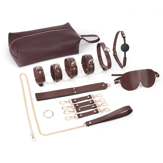 RY Genuine Real Leather BDSM Fetish Bondage Kit 8 Pcs - Brown