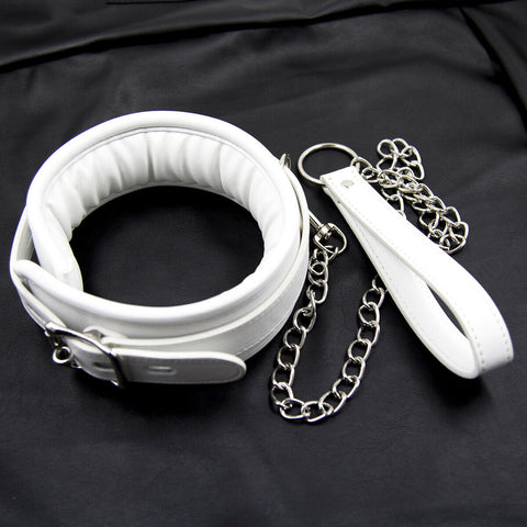 BDSM Faux Leather Bondage Collar & Leash - White