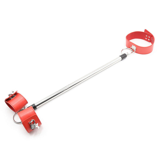 BDSM Bondage Handcuffs & Collar Back Spreader Bar - Red