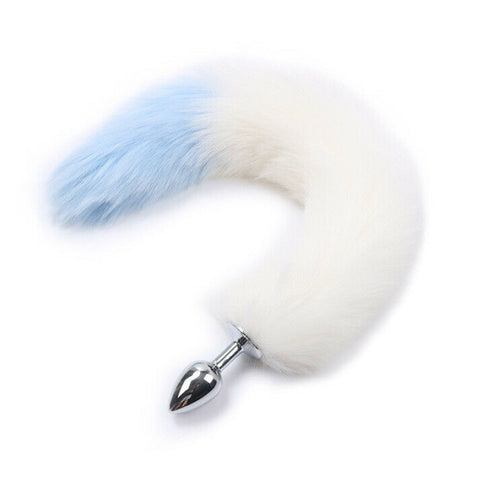 RY Stainless Steel Fox Tail Anal Plug Butt Plug Furry Tail Cosplay Costume - White-Blue